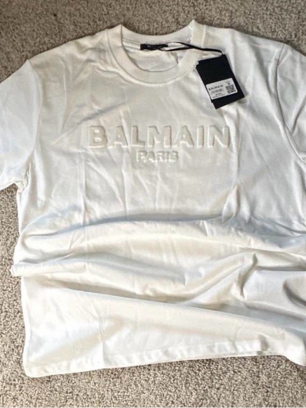Balmain White Embossed Logo Crewneck Tee